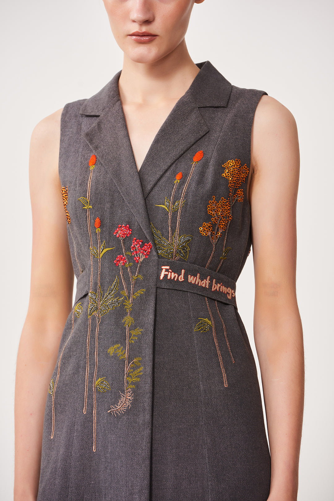 Botanical Flowers Sleeveless Wrap Dress With Attached Belt