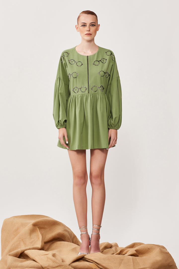 Time Vision Balloon Sleeves Gather Mini Dress