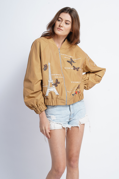 Butterfly Hearts And Eifel Baloon Sleeves Bomber Jacket