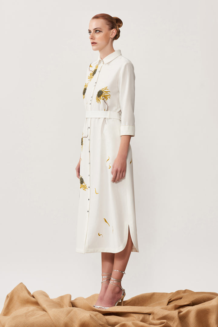 Withering Flower Long Shirt Dress With Belt