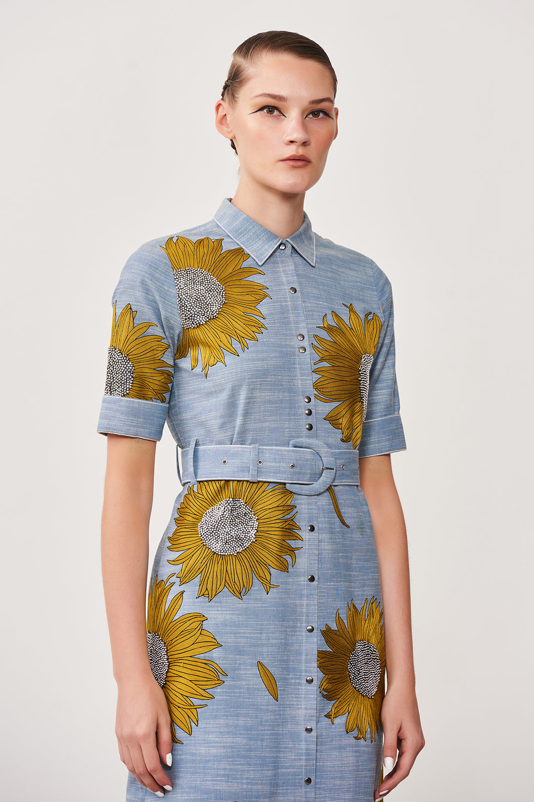 Sunflower Long Shirt Dress With Buckle Belt