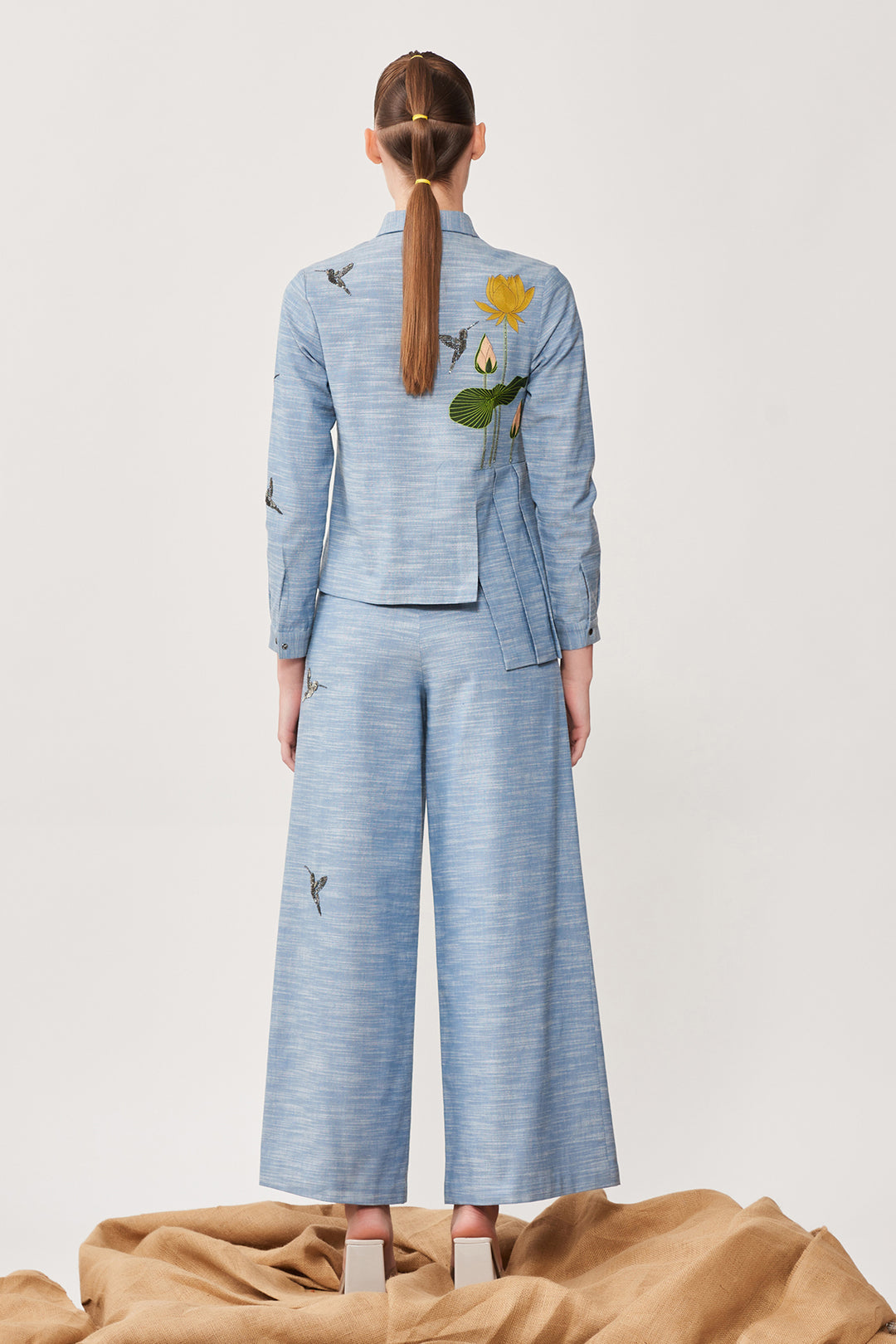 Lotus &amp; Humming Bird Side Pleated Shirt With Matching Flared Pants