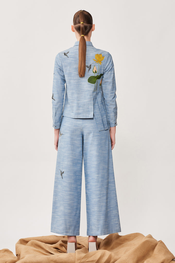 Lotus &amp; Humming Bird Side Pleated Shirt With Matching Flared Pants