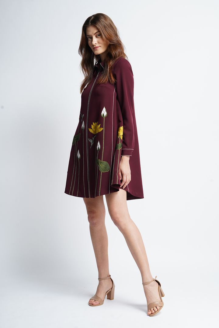 Lotus And Humming Bird Side Triangle Shirt Dress