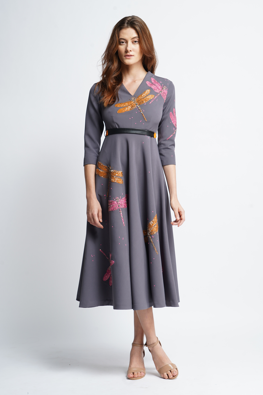 Intricate Dragonflies Circular Midi Dress With Leather Slim Belt