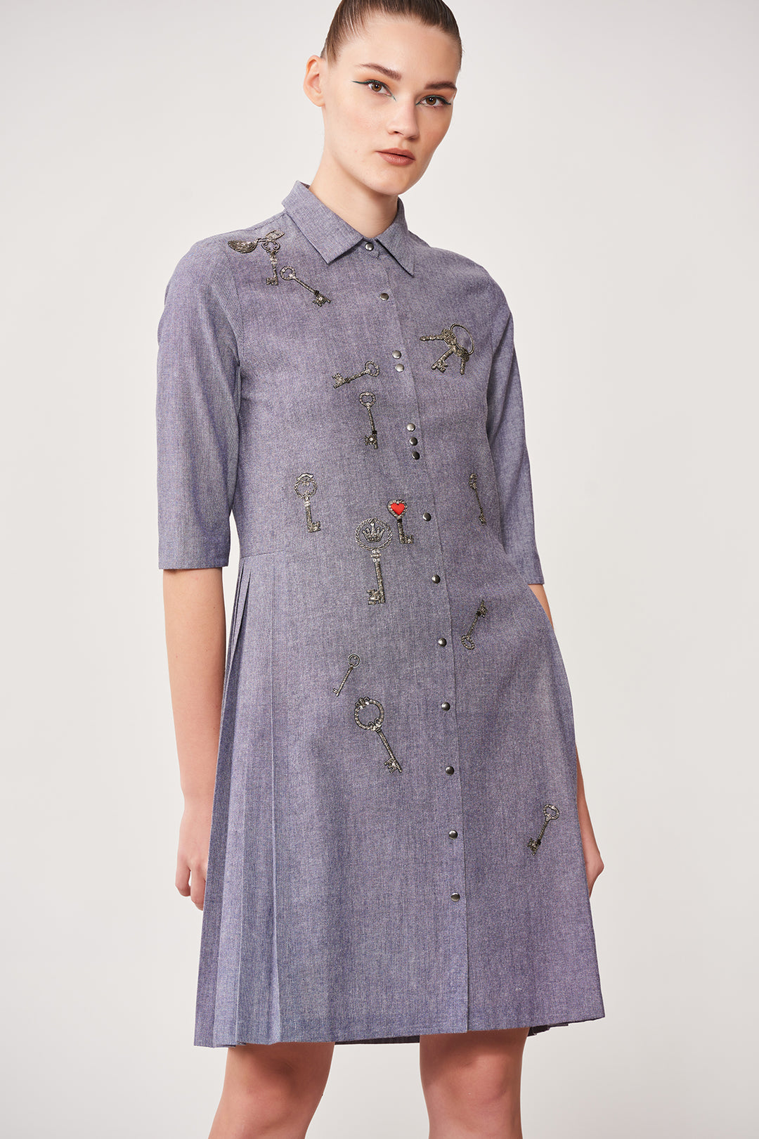 Precious Key Side Pleated Shirt Dress