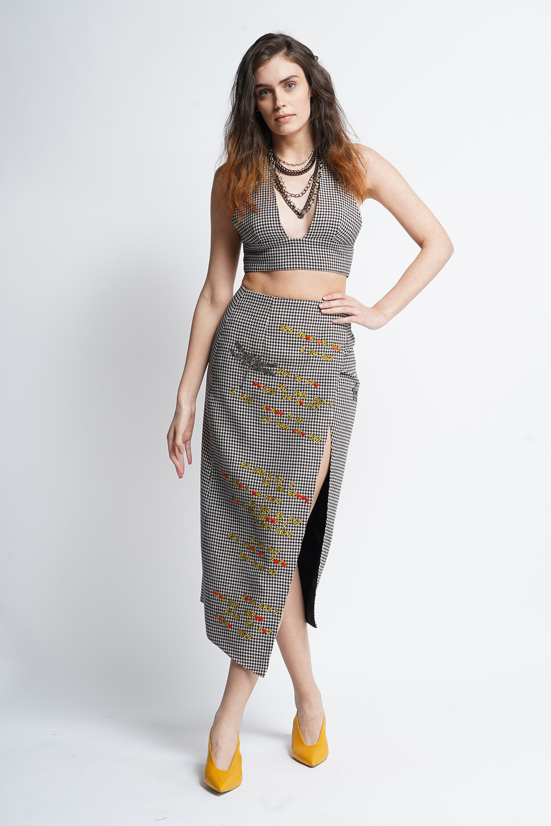 Bralette Top with Numbers Text and Dragonfly Wrap Skirt