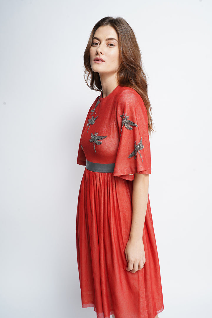 Dotted Dragonfly Midi Dress with Leather Belt