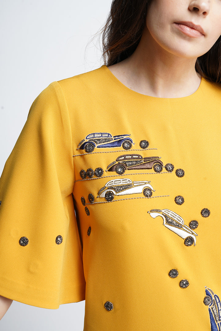 Dinky Car Mini Dress with Flared Sleeves