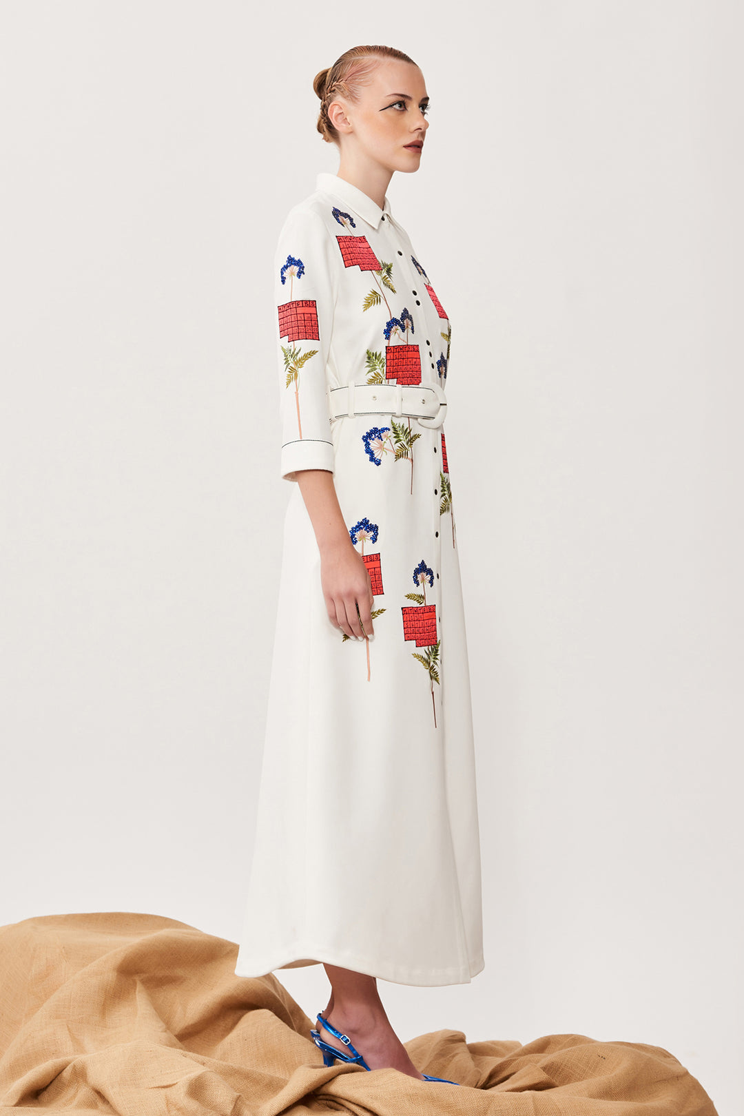 Calender Long Shirt Dress With Buckle Belt