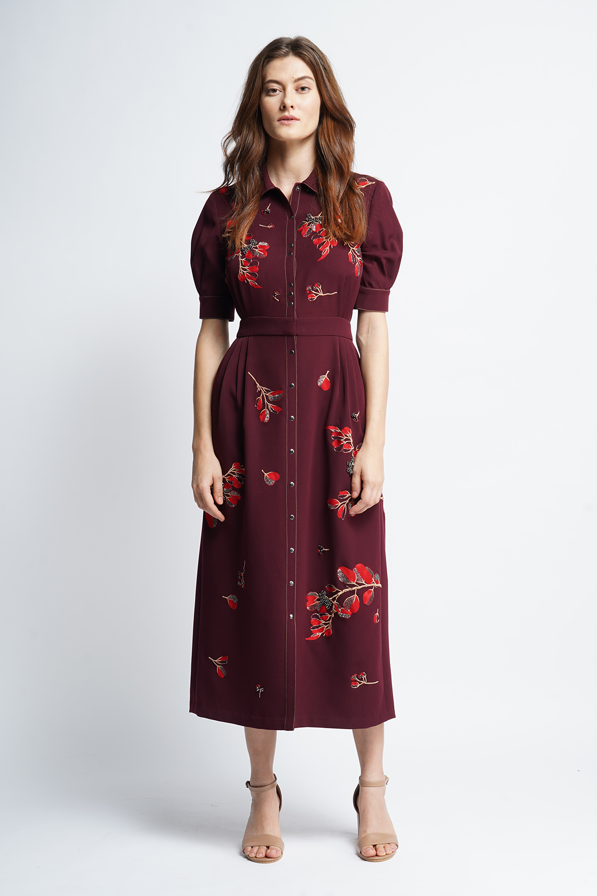Botanical Stem And Dragonfly Side Pleated Front Open Dress
