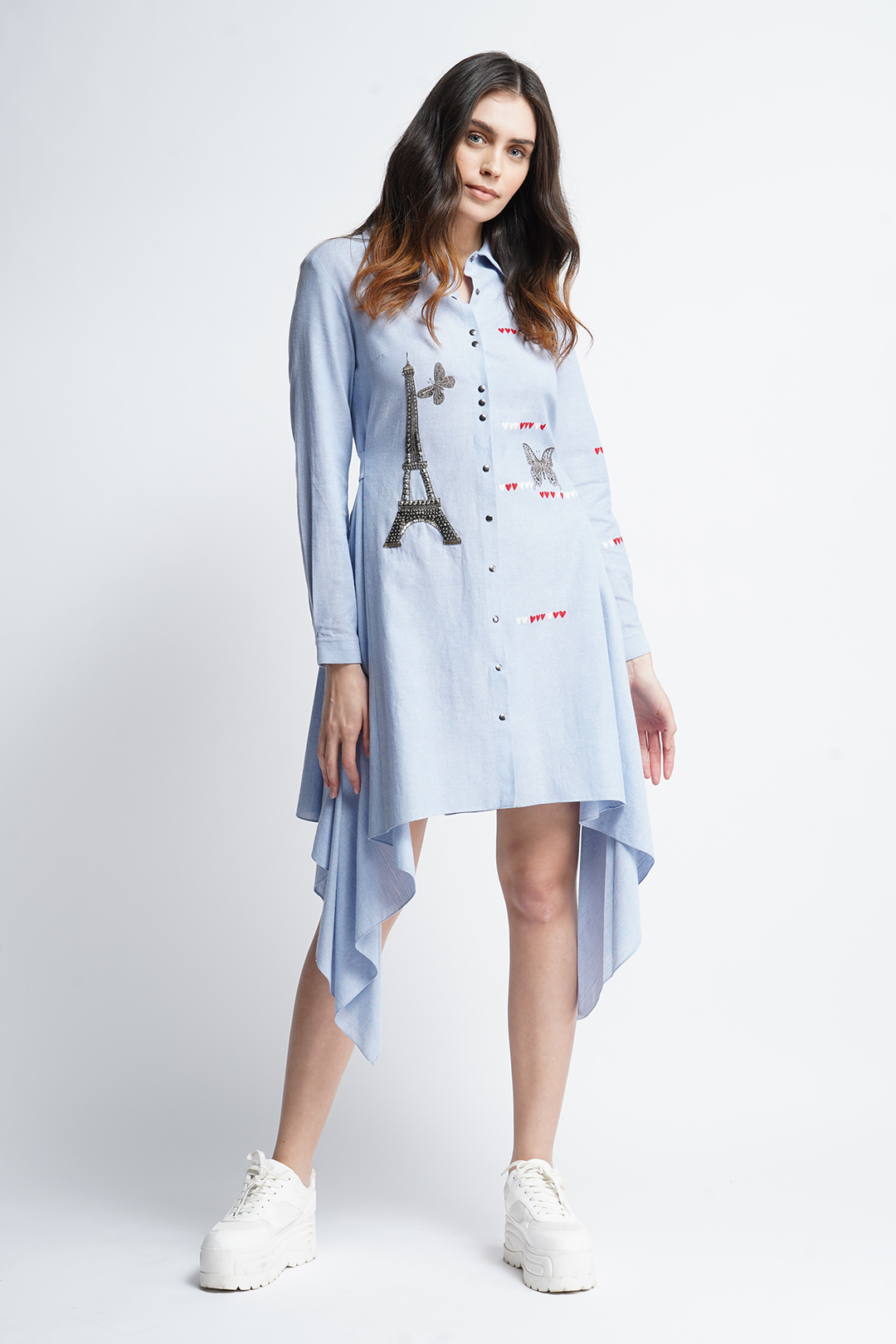 Butterfly Hearts And Eifel Draped Dress With Belt At The Back