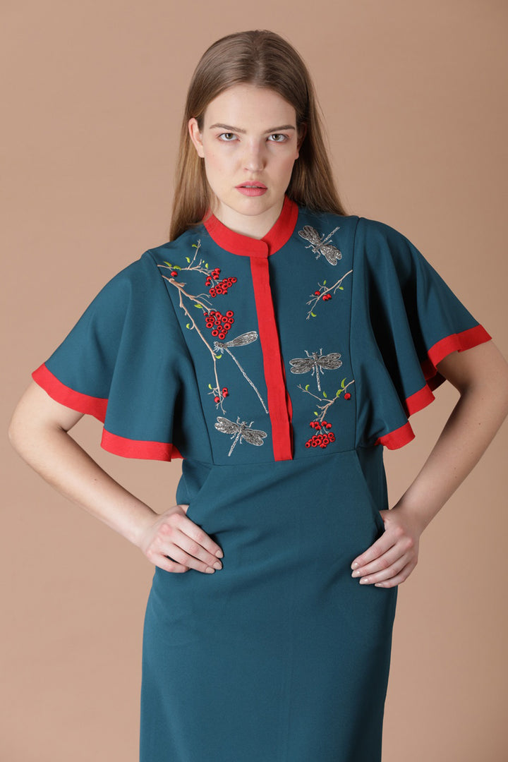Berries And Dragonfly Frill Sleeves Dress