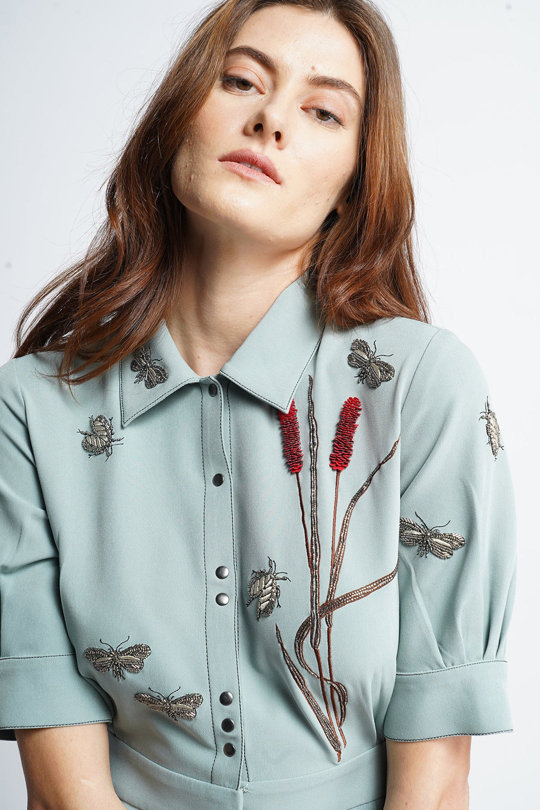 Grass And Insects Front Open Side Pleated Dress