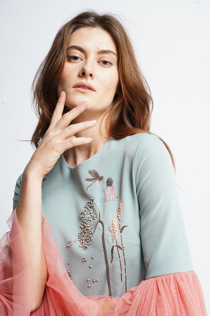 Wildflower And Dragonflies Midi Dress With Frill Sleeves