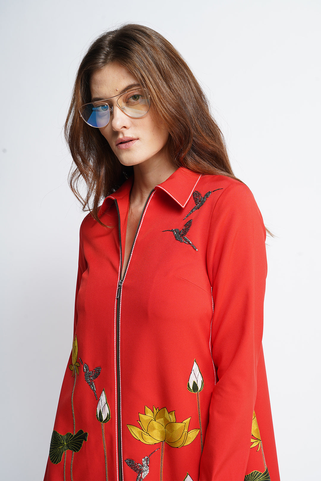 Lotus And Humming Bird Side Triangle Shirt Dress