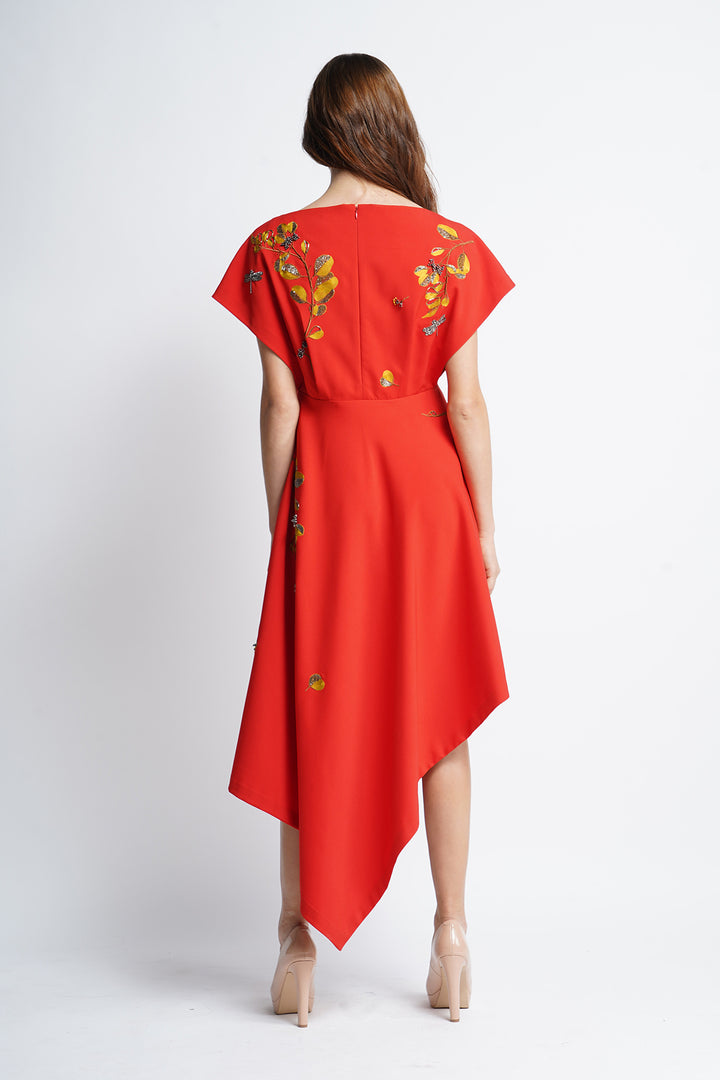 Botanical Stem and Dragonfly Boat Neck Handkerchief Midi Dress