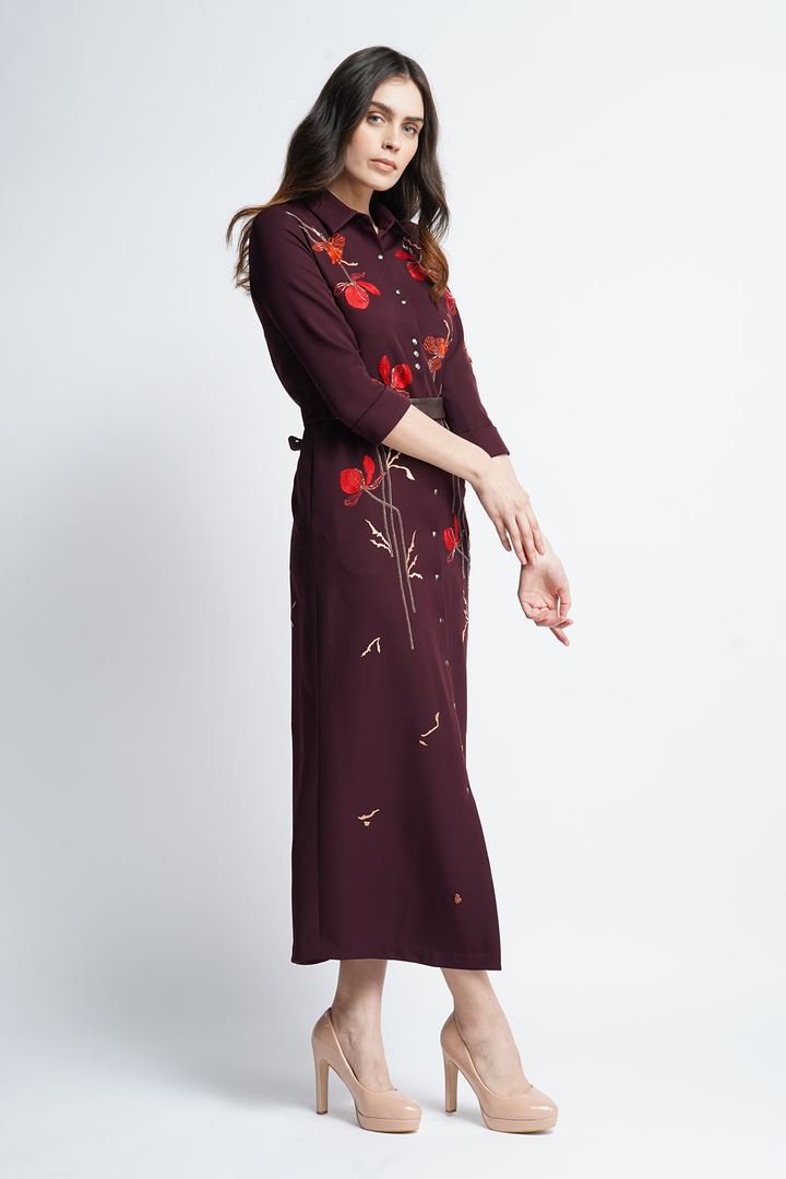 Blooming Flower Long Shirt Dress With Leather Belt