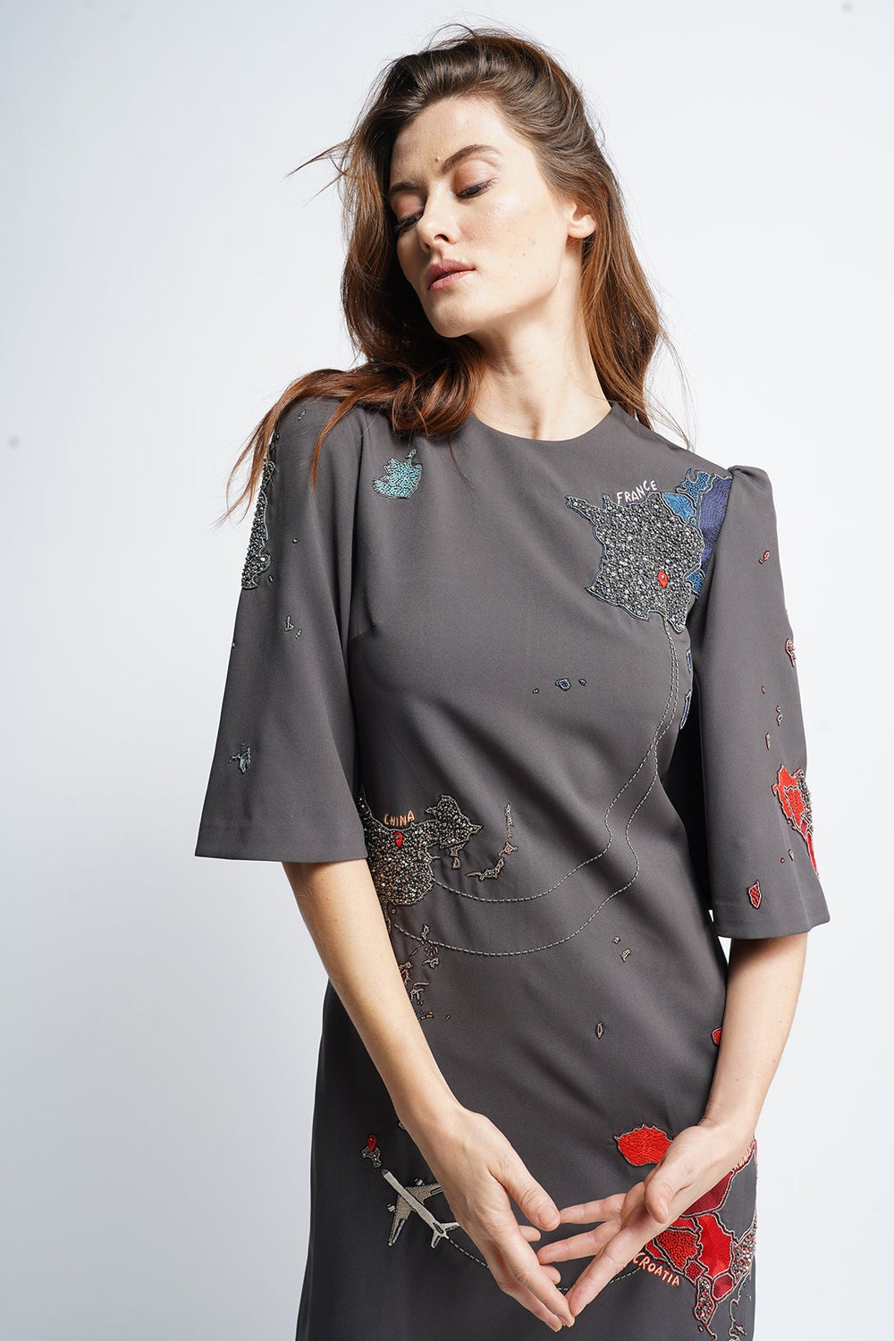 Map Midi Dress With Wide Sleeves
