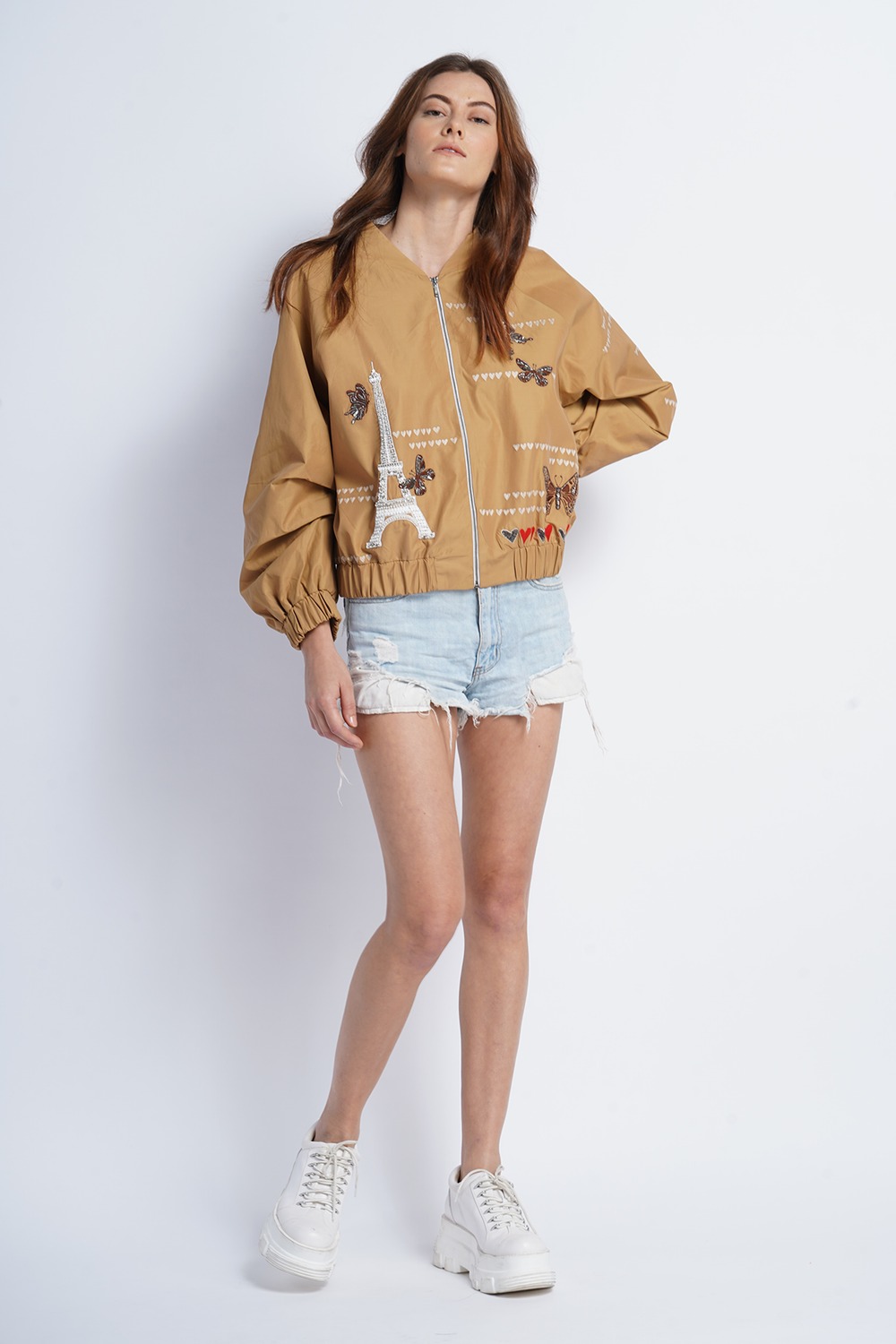 Butterfly Hearts And Eifel Baloon Sleeves Bomber Jacket