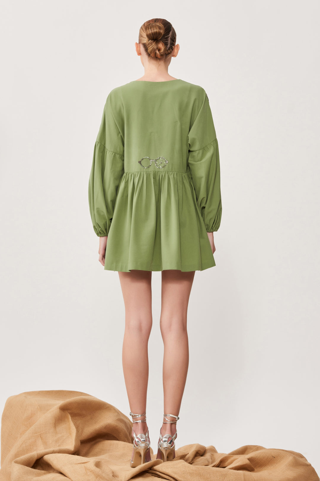 Time Vision Balloon Sleeves Gather Mini Dress