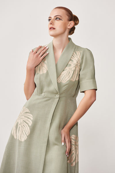 Monstera Wrap Dress With Puff Sleeves