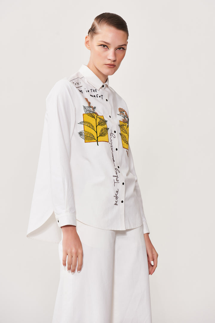 Leaves Patch High Low Shirt With Flared Pant