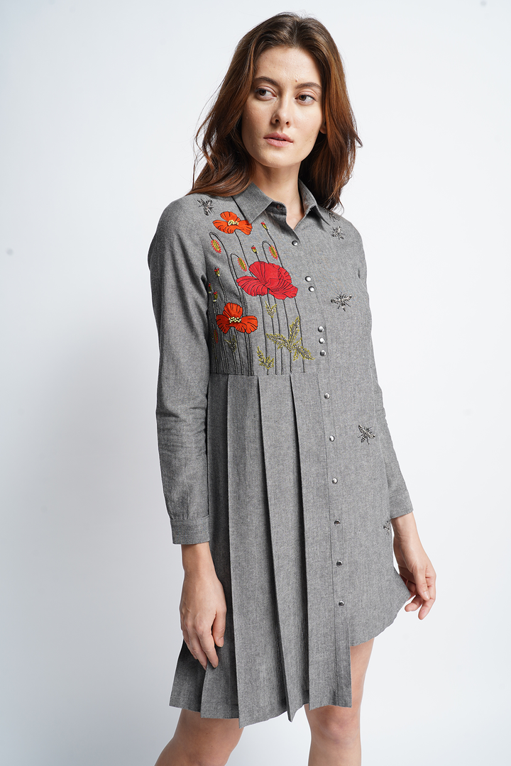 Poppy Garden Side Pleated Shirt Dress