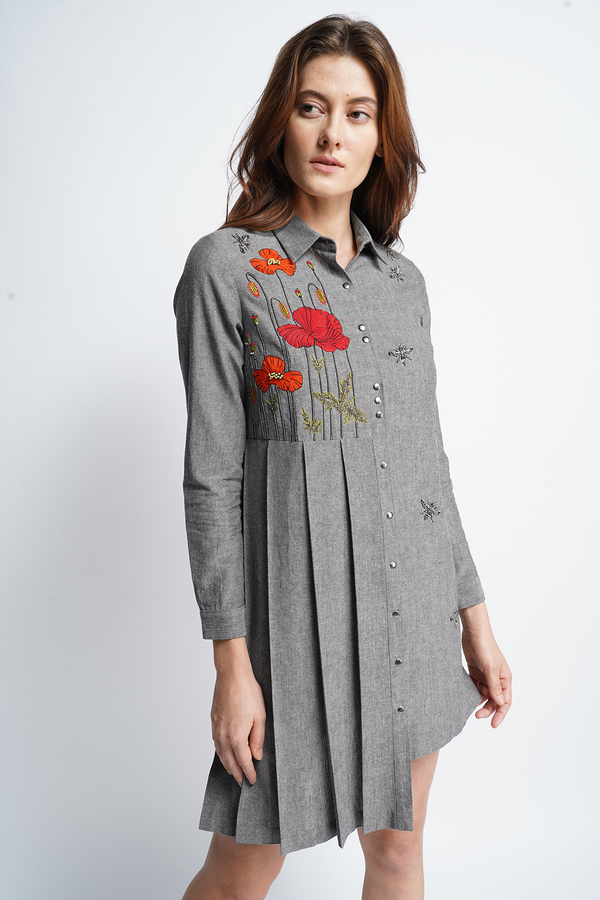 Poppy Garden Side Pleated Shirt Dress