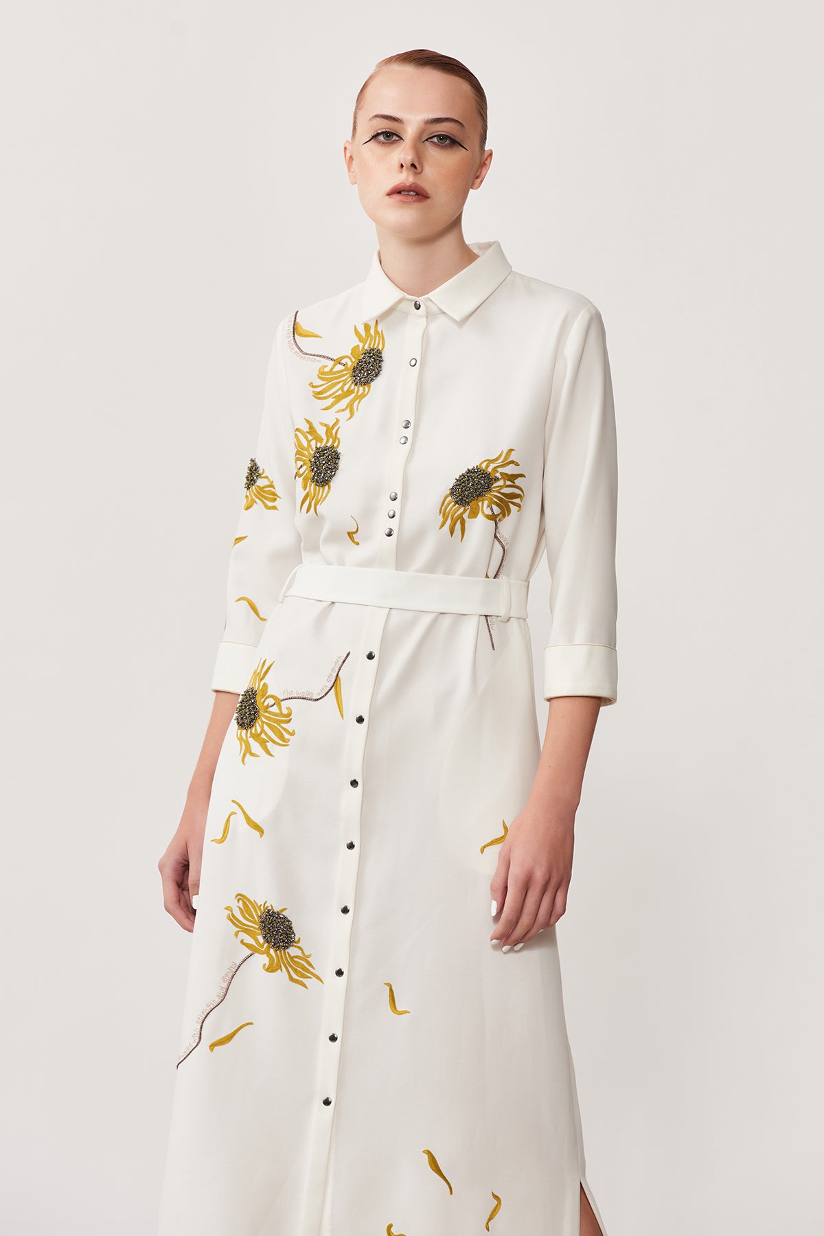 Withering Flower Long Shirt Dress With Belt
