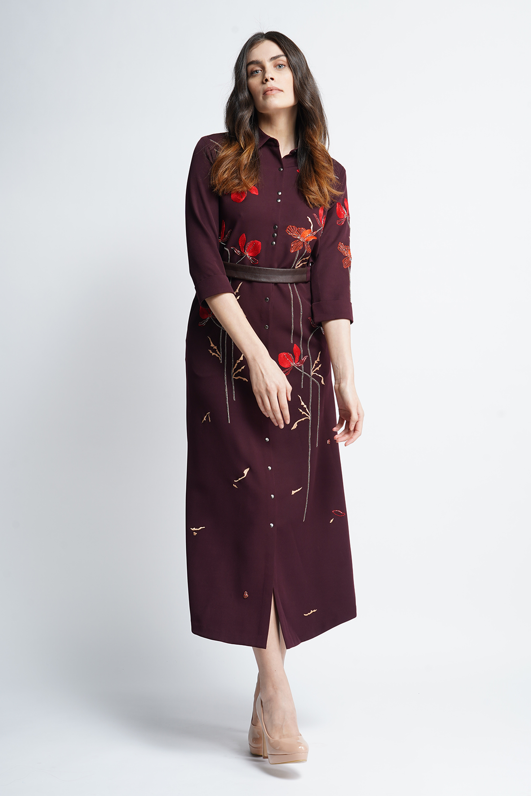 Blooming Flower Long Shirt Dress With Leather Belt