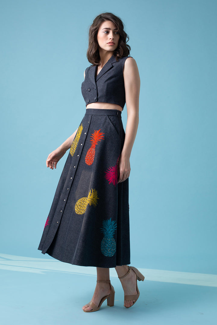 Pineapple Front Open Long Skirt With Double Breast Waistcoat Top