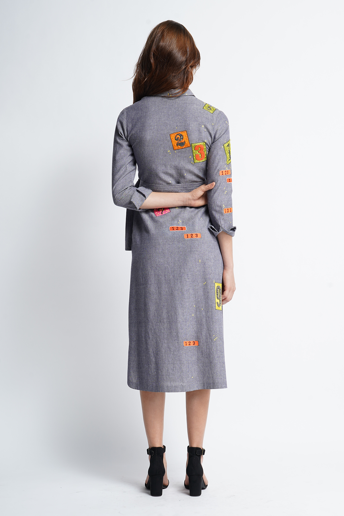 Odd And Even Numbers Long Shirt Dress With Buckle Belt