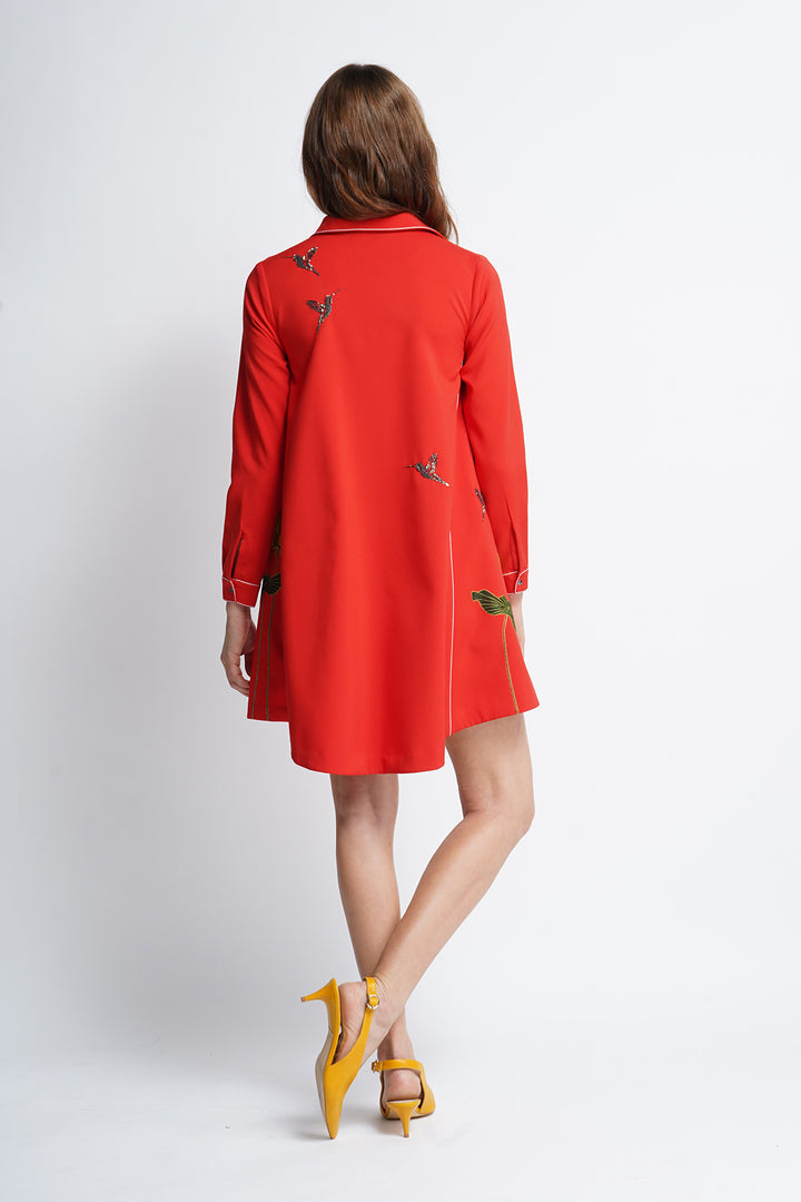 Lotus And Humming Bird Side Triangle Shirt Dress