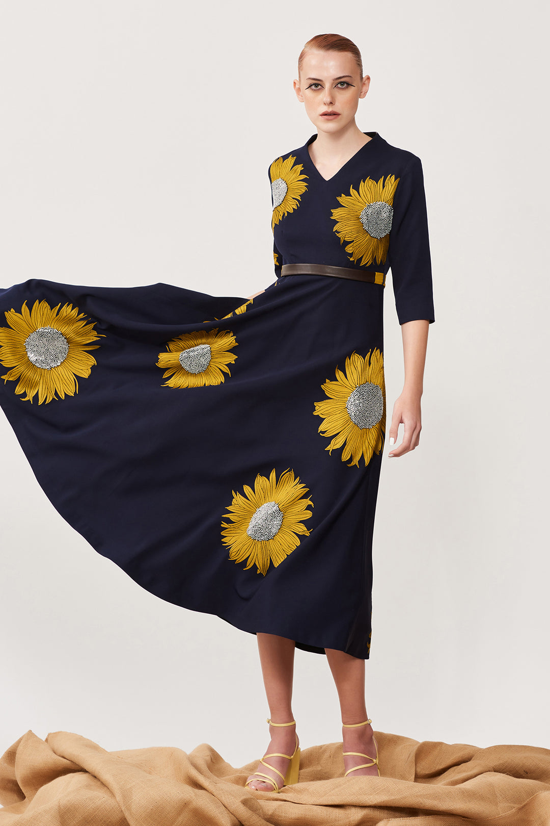 Sunflower Circular Midi Dress With Belt