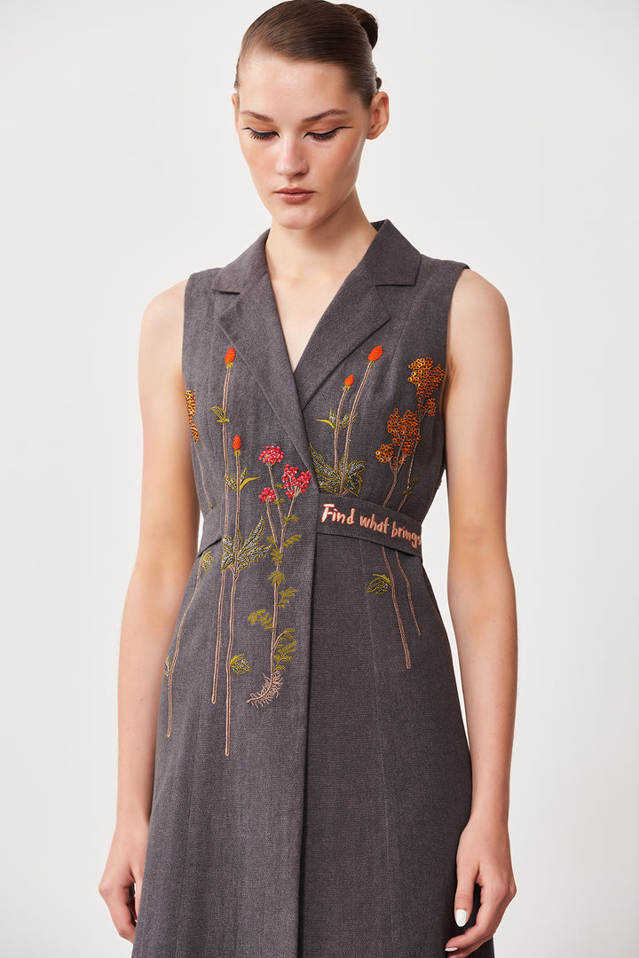 Botanical Flowers Sleeveless Wrap Dress With Attached Belt