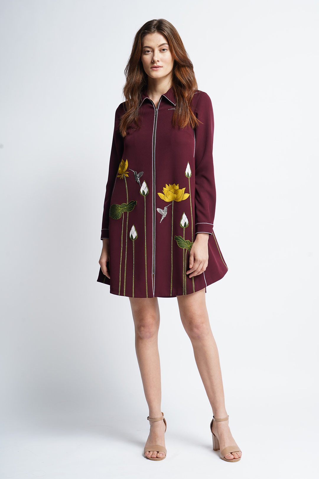 Lotus And Humming Bird Side Triangle Shirt Dress