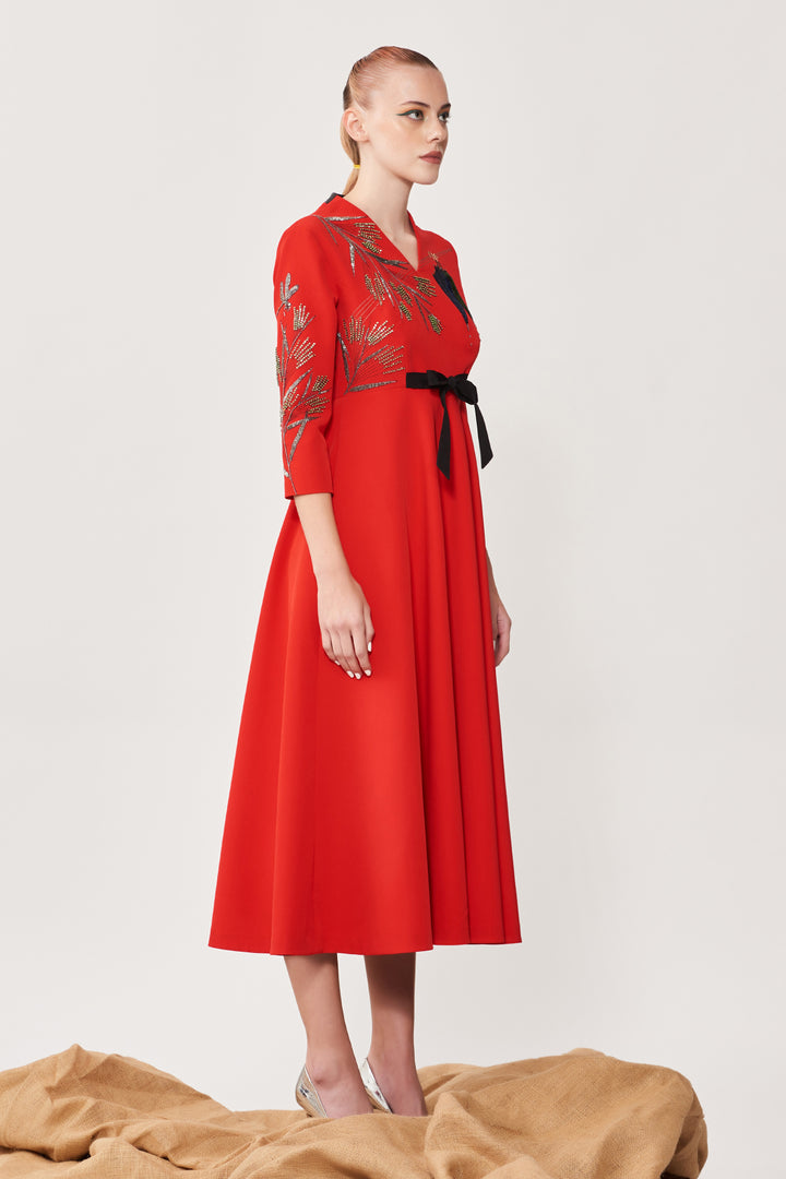 Umbrella and Grass Circular Midi Dress With Bow