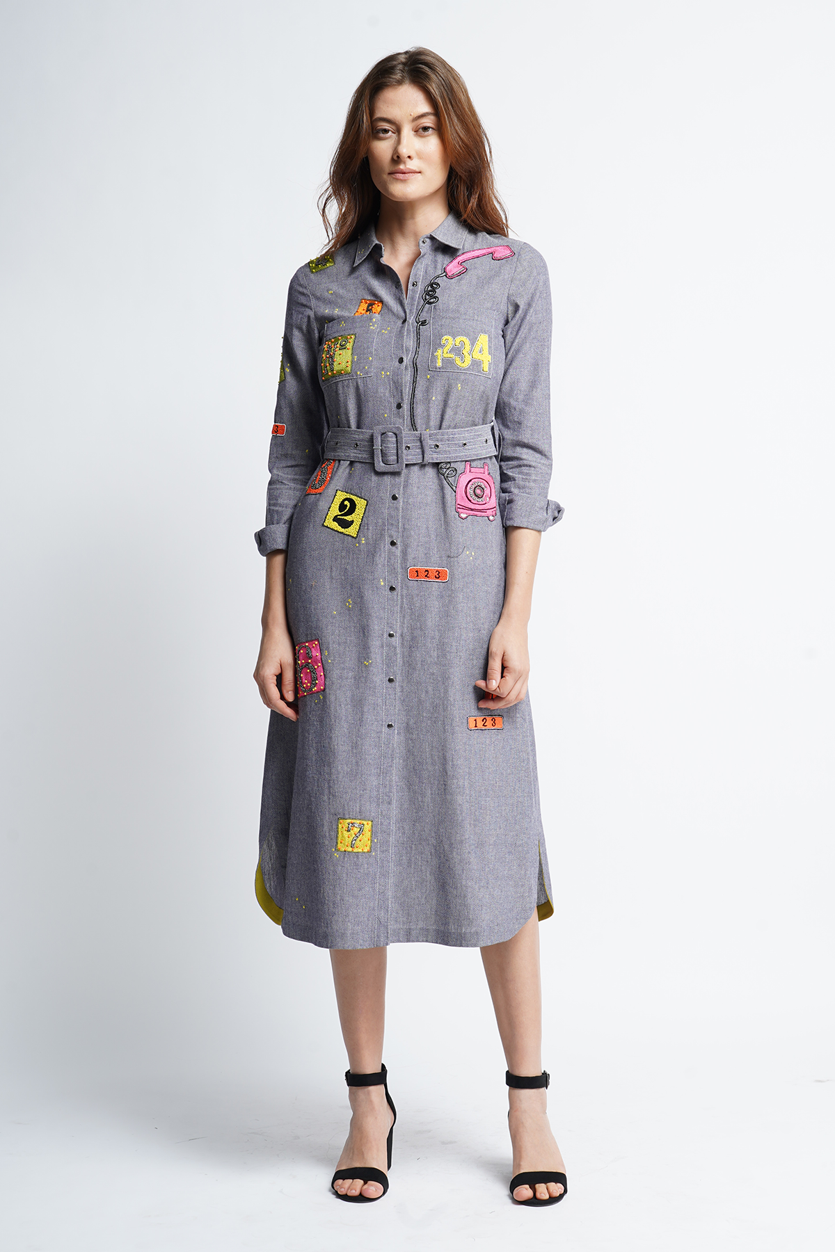 Odd And Even Numbers Long Shirt Dress With Buckle Belt