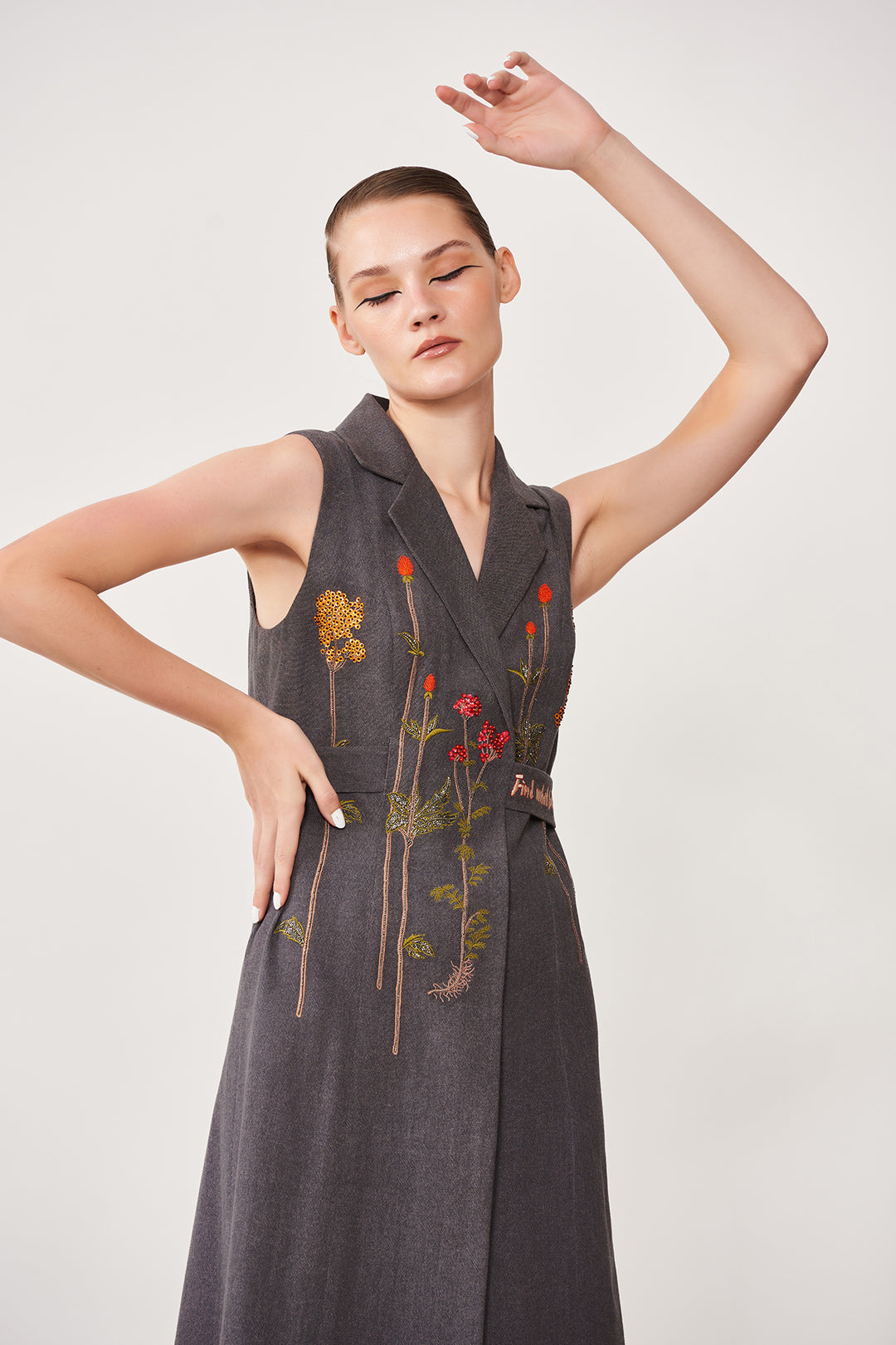 Botanical Flowers Sleeveless Wrap Dress With Attached Belt