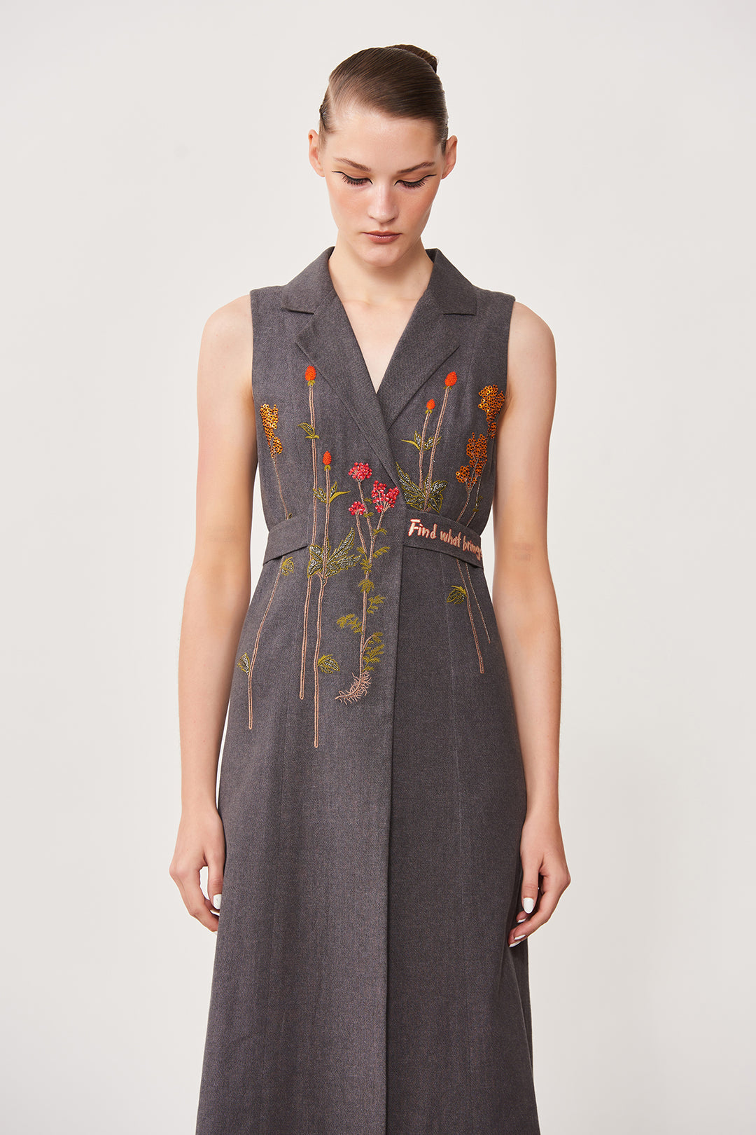 Botanical Flowers Sleeveless Wrap Dress With Attached Belt