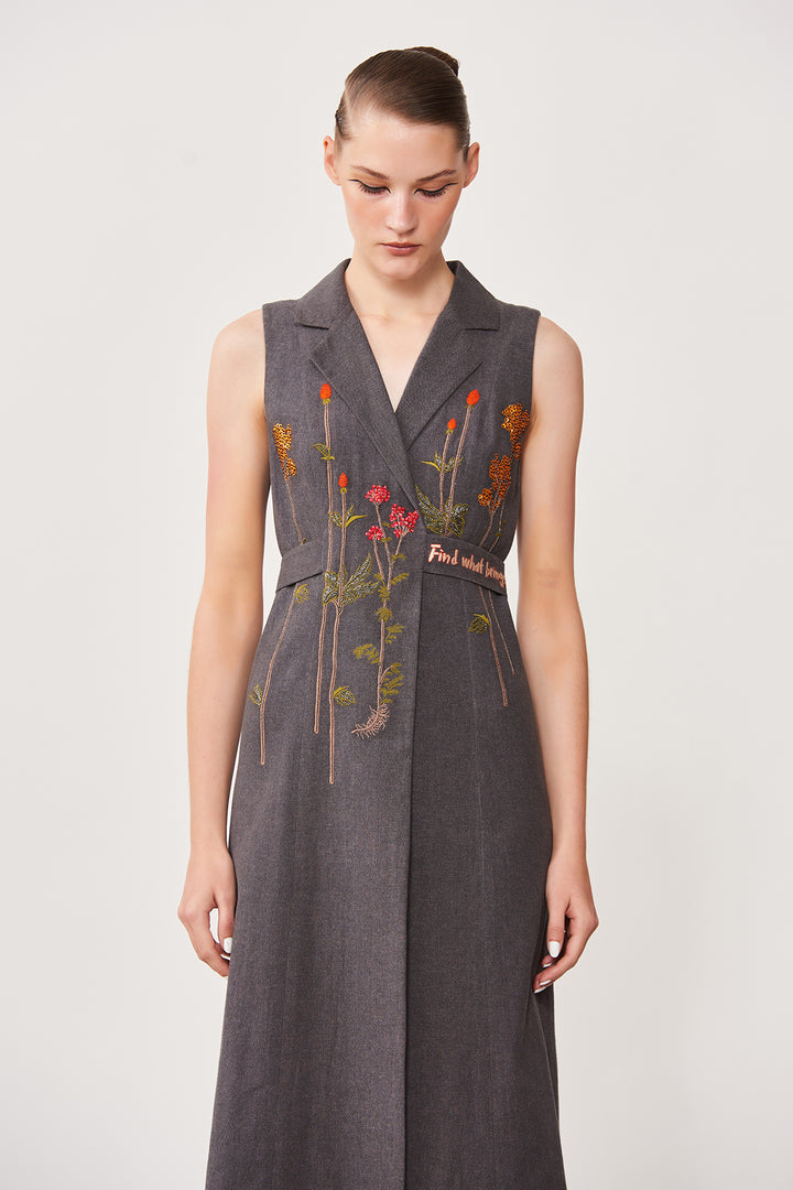 Botanical Flowers Sleeveless Wrap Dress With Attached Belt