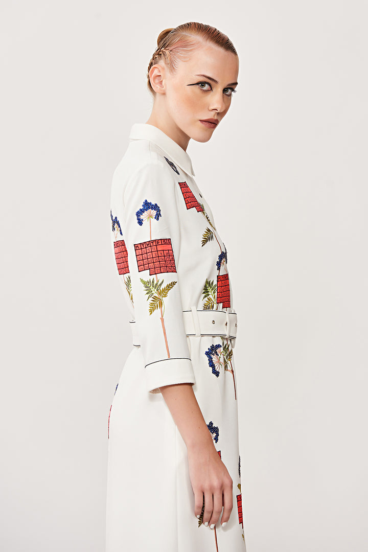 Calender Long Shirt Dress With Buckle Belt