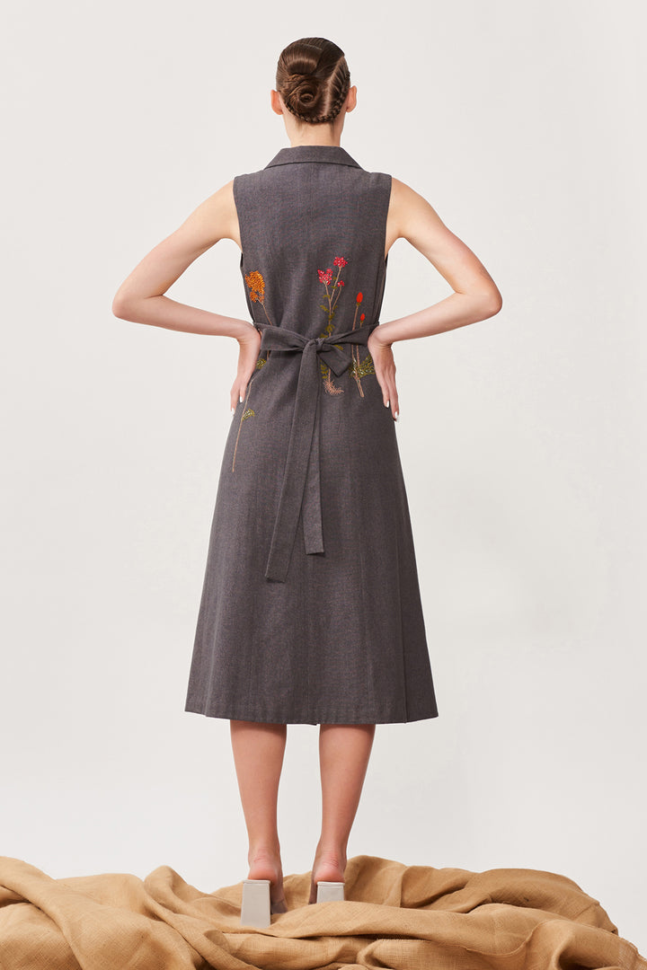 Botanical Flowers Sleeveless Wrap Dress With Attached Belt