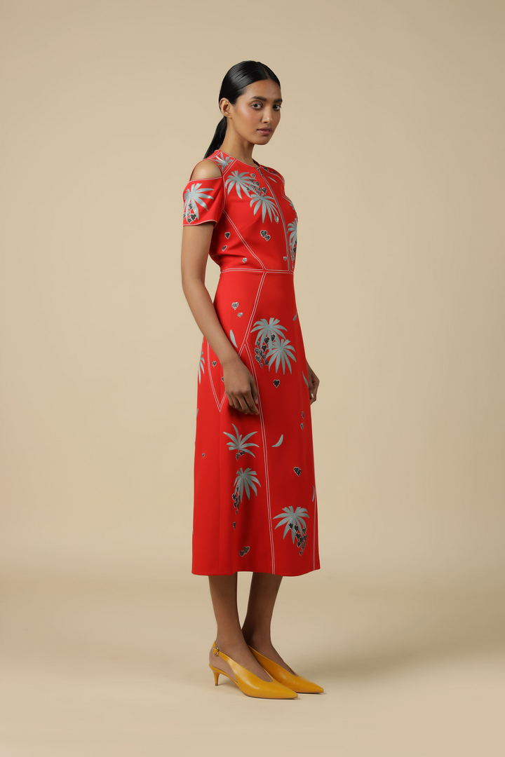 Leaf And Fruit Cold Shoulder Dress
