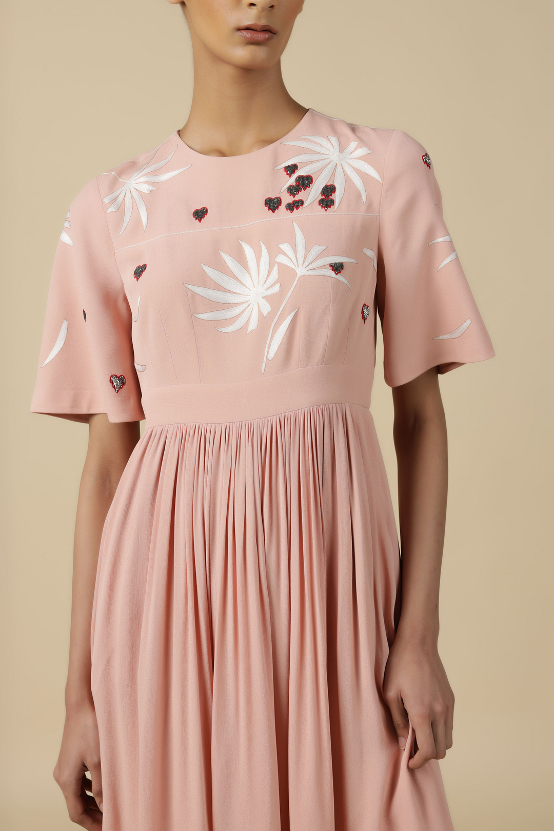 Leaf And Fruit Flared Sleeve Gathered Dress