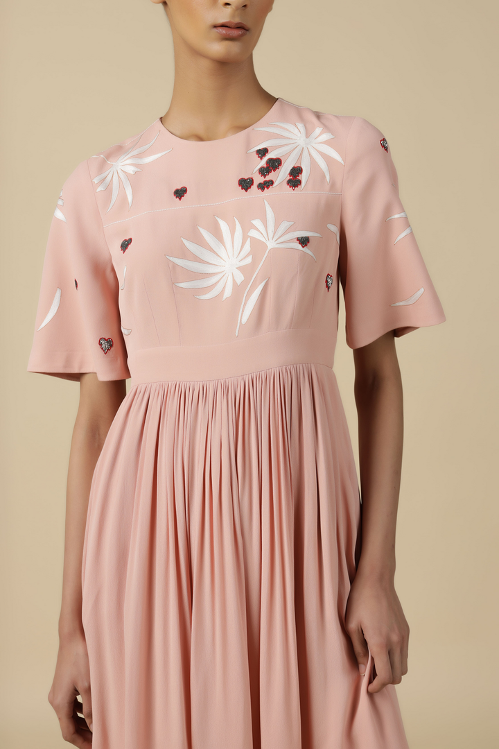 Leaf And Fruit Flared Sleeve Gathered Dress