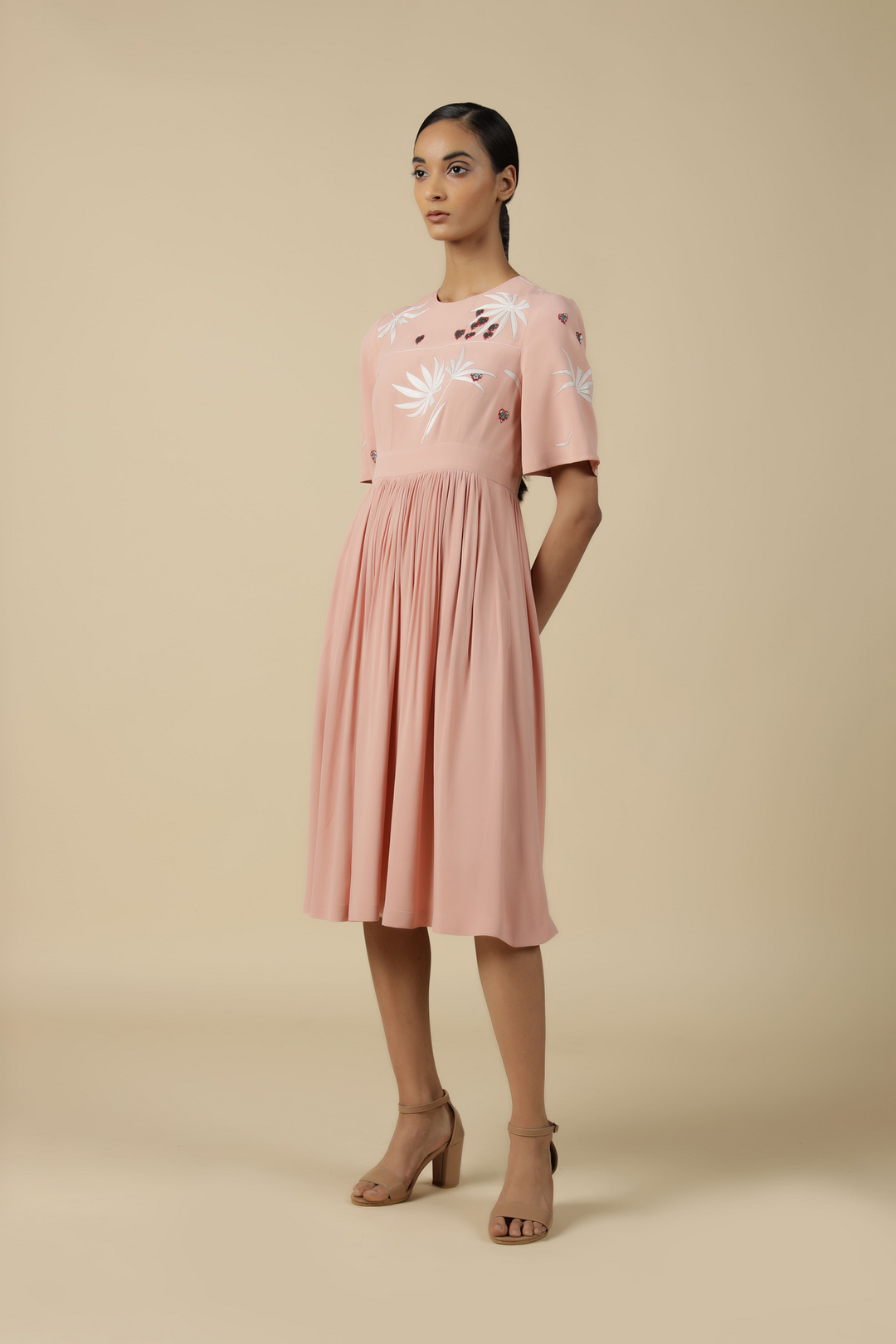Leaf And Fruit Flared Sleeve Gathered Dress