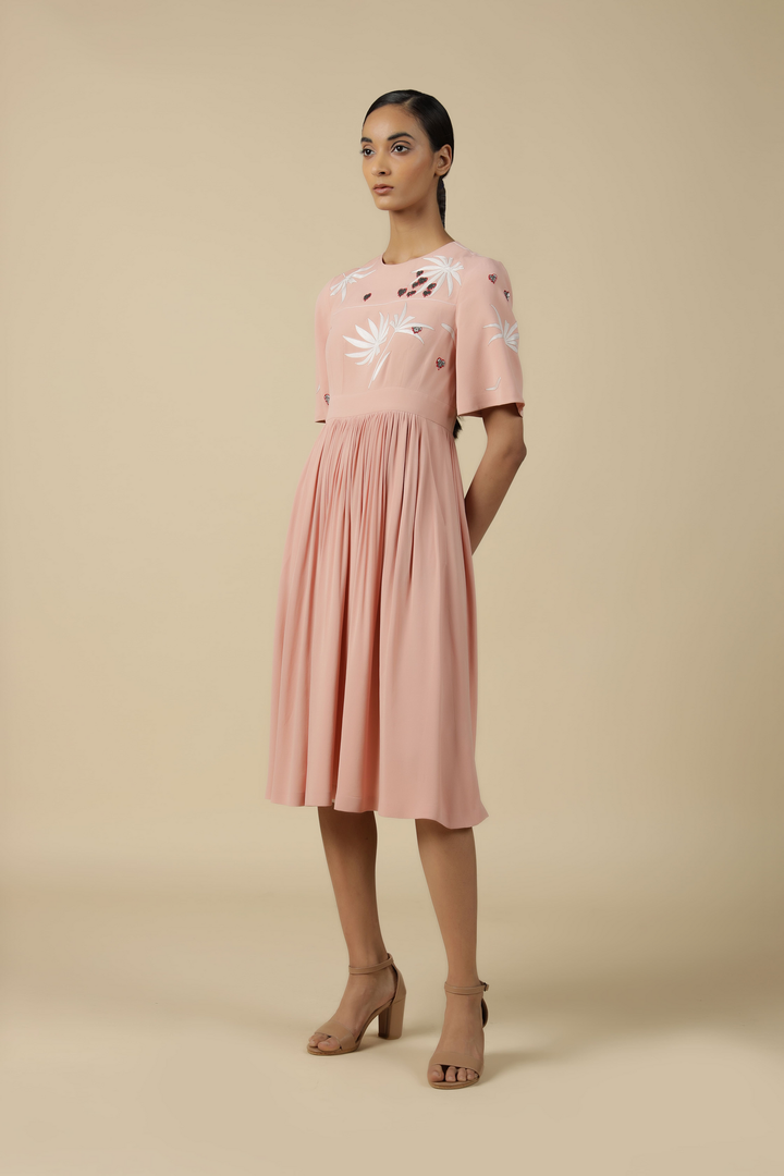 Leaf And Fruit Flared Sleeve Gathered Dress