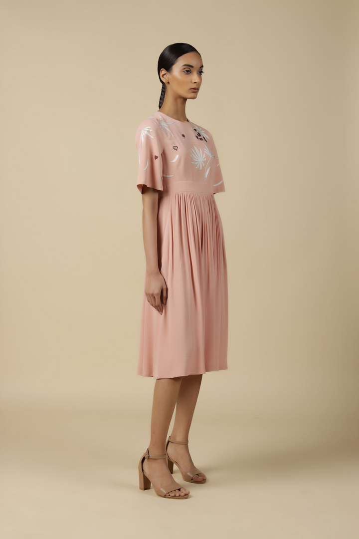 Leaf And Fruit Flared Sleeve Gathered Dress